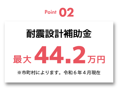 耐震設計補助金最大44.2万円※市町村によります。令和６年４月現在